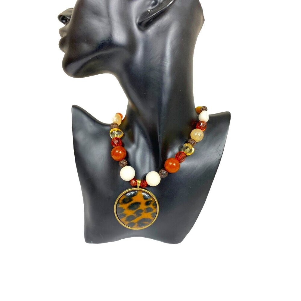 Vtg Leopard Print Cabochon Beaded Goldtone Pendant Necklace Fall Colors Mob Wife